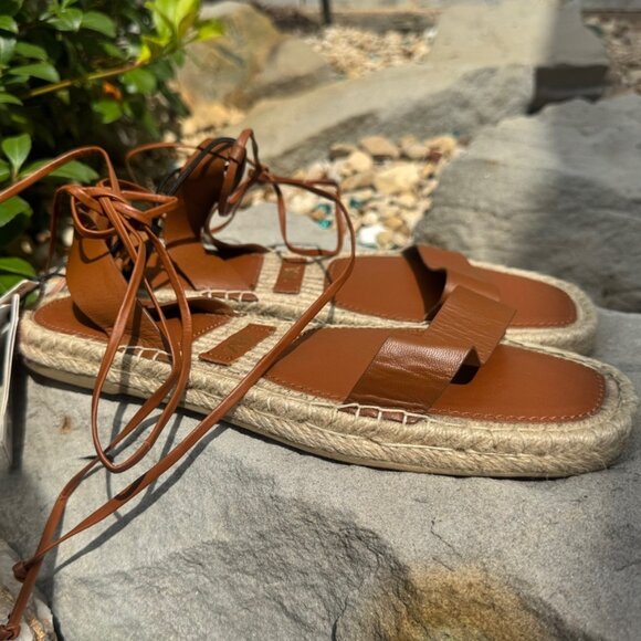 Zara Espadrille Brown Leather Tied Up Flat Sandals Women's Size 9 - Picture 2 of 9